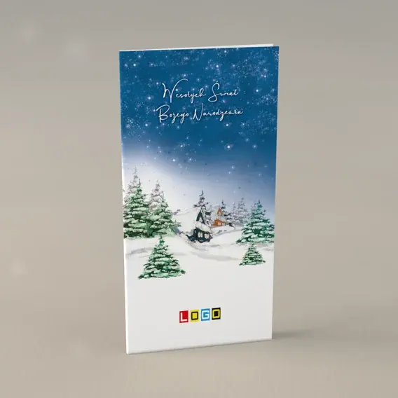 Kartka świąteczna z logo BN3-021 Świerki i dachy pod granatem, przód
