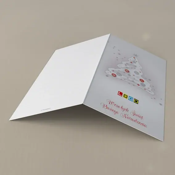 Kartka świąteczna z logo BN3-024 Biała jodła w czerwonych ozdobach, tył