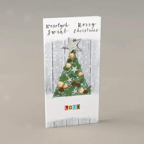 Kartka świąteczna z logo BN3-025 Jodła w złotych bombkach, przód