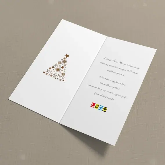 Kartka świąteczna z logo BN3-038 Biała jodełka na papierowym beżu, wnętrze