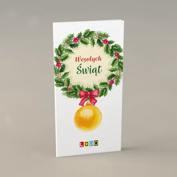Kartka świąteczna z logo BN3-052 Malowany wianek ze złotą kulą, przód