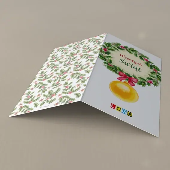 Kartka świąteczna z logo BN3-052 Malowany wianek ze złotą kulą, tył