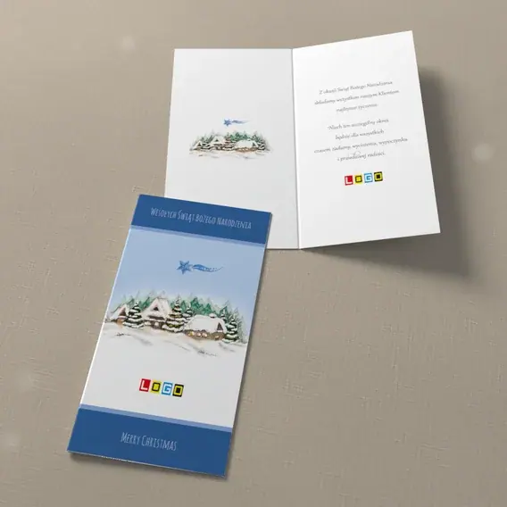Kartka świąteczna z logo BN3-058 Chaty w błękitnych pasach, widok ogólny