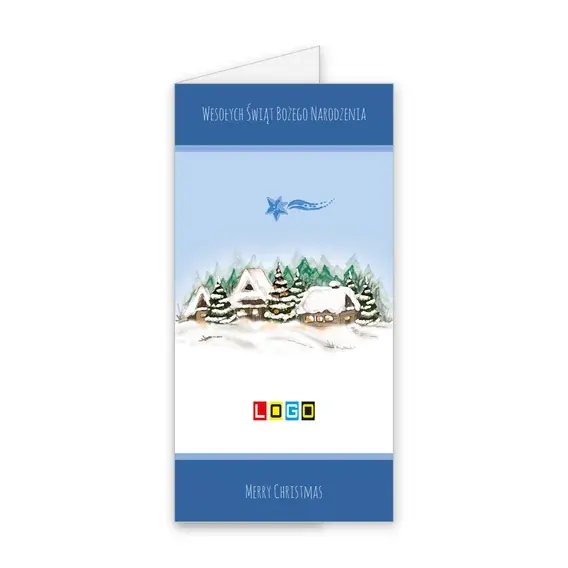 Kartka świąteczna z logo BN3-058 Chaty w błękitnych pasach, okładka