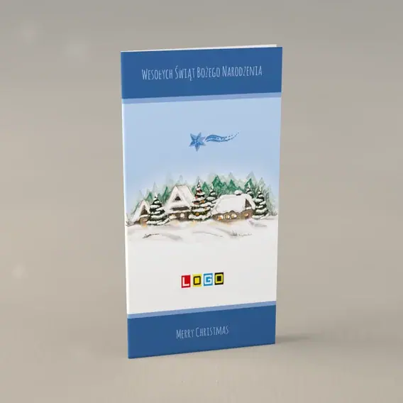 Kartka świąteczna z logo BN3-058 Chaty w błękitnych pasach, przód