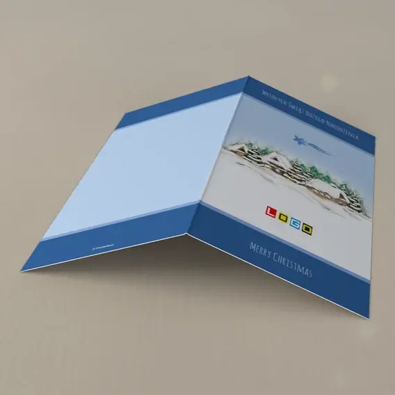 Kartka świąteczna z logo BN3-058 Chaty w błękitnych pasach, tył