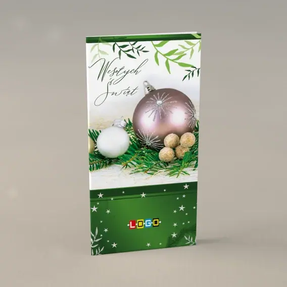 Kartka świąteczna z logo BN3-062 Pastelowe ozdoby na gałązkach, przód