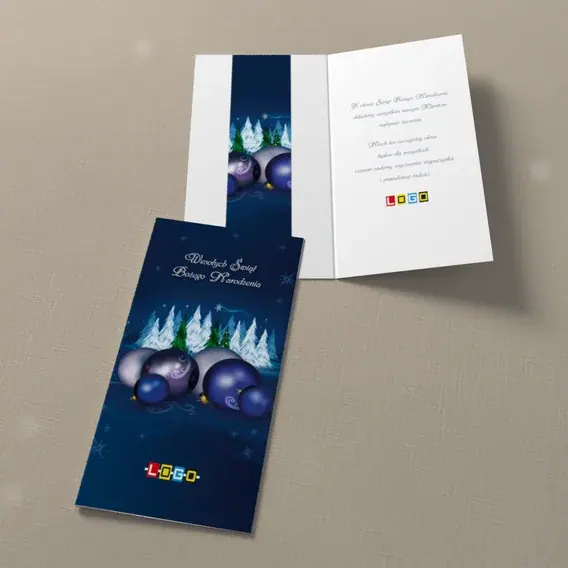 Kartka świąteczna z logo BN3-066 Granatowy las pod śniegiem, widok ogólny