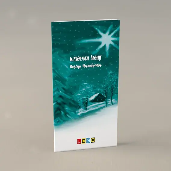 Kartka świąteczna z logo BN3-081 Turkusowy stok z chatą, przód
