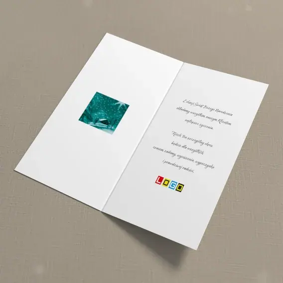 Kartka świąteczna z logo BN3-081 Turkusowy stok z chatą, wnętrze
