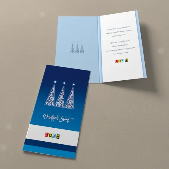 Kartka świąteczna z logo BN3-083 Białe pętle na smukłych drzewkach, widok ogólny