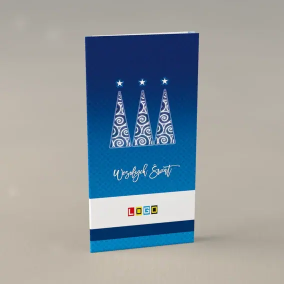 Kartka świąteczna z logo BN3-083 Białe pętle na smukłych drzewkach, przód