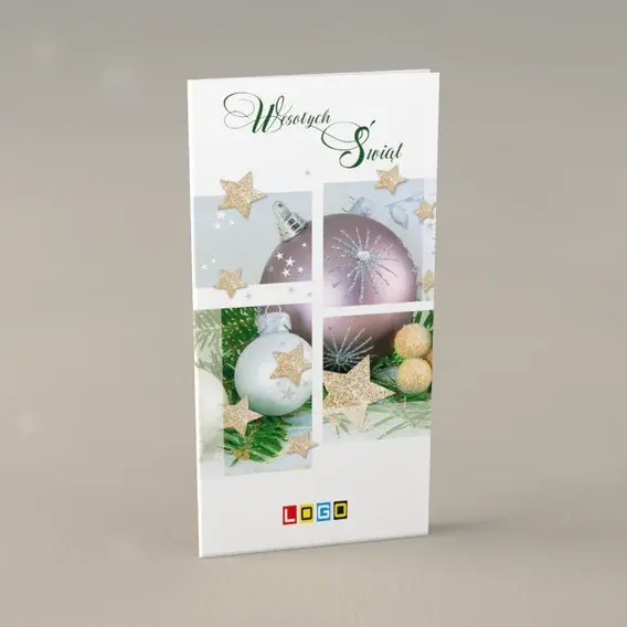 Kartka świąteczna z logo BN3-086 Kolaż kwadratów z kulami, przód