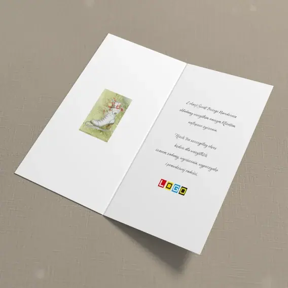 Kartka świąteczna z logo BN3-089 Dawny trzewik z płozą, wnętrze