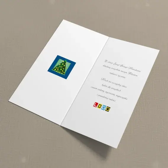 Kartka świąteczna z logo BN3-090 Żółte kulki na zielonej wyspie, wnętrze
