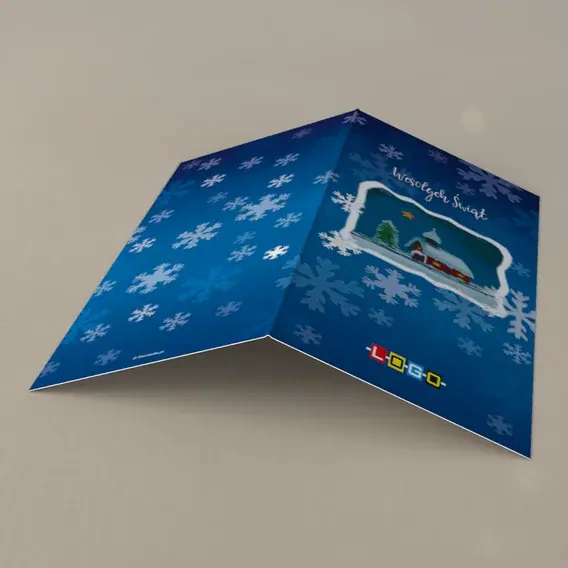 Kartka świąteczna z logo BN3-095 Wiejski kościół w zaspie płatków, tył