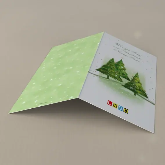 Kartka świąteczna z logo BN3-120 Zielone jodły w złotej siatce, tył