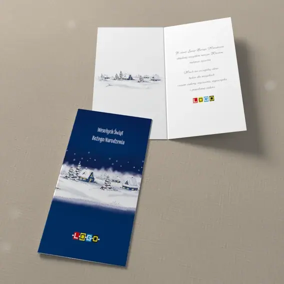 Kartka świąteczna z logo BN3-127 Niebieskie domki w nocnym pasie, widok ogólny