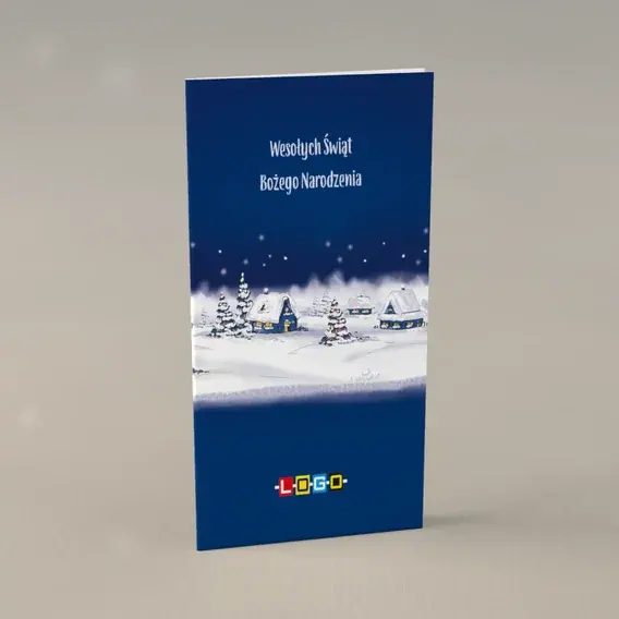 Kartka świąteczna z logo BN3-127 Niebieskie domki w nocnym pasie, przód
