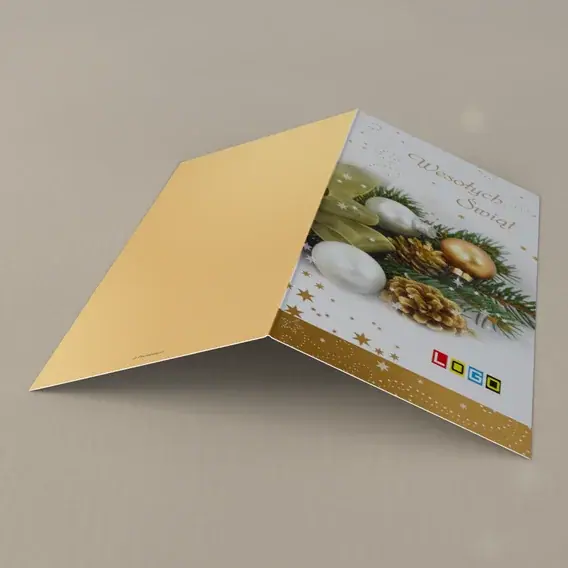 Kartka świąteczna z logo BN3-128 Perły organza i złote zawijasy, tył