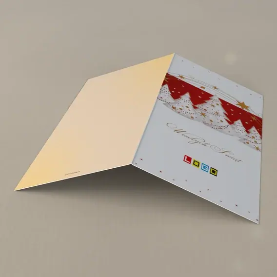 Kartka świąteczna z logo BN3-135 Czerwony pas z białymi choinkami, tył