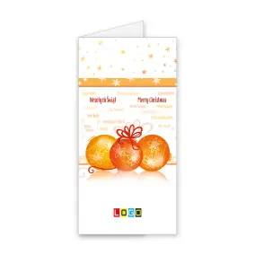 Kartka świąteczna z logo BN3-143 Pomarańczowe kule i wielojęzyczne napisy, okładka