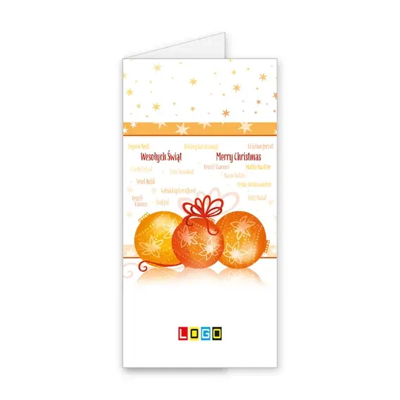 Kartka świąteczna z logo BN3-143 Pomarańczowe kule i wielojęzyczne napisy, okładka