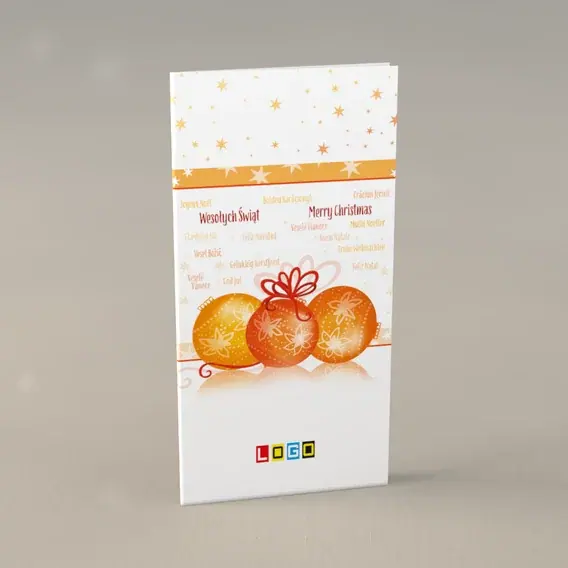 Kartka świąteczna z logo BN3-143 Pomarańczowe kule i wielojęzyczne napisy, przód