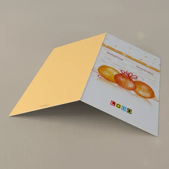 Kartka świąteczna z logo BN3-143 Pomarańczowe kule i wielojęzyczne napisy, tył