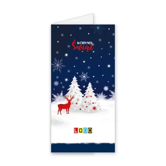Kartka świąteczna z logo BN3-145 Rudolf na śniegu z choinkami, okładka