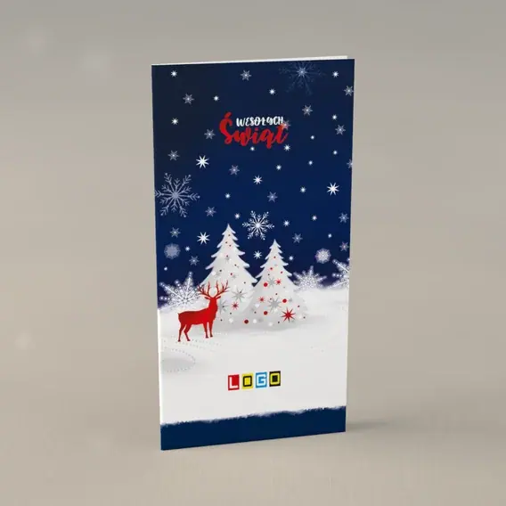 Kartka świąteczna z logo BN3-145 Rudolf na śniegu z choinkami, przód