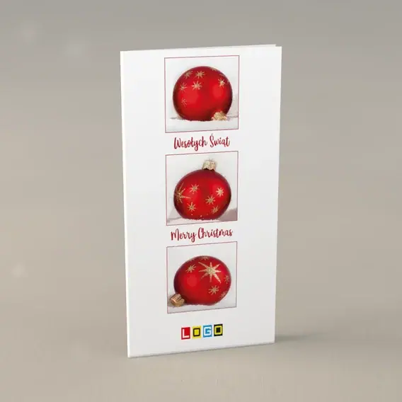 Kartka świąteczna z logo BN3-146 Trzy czerwone kule w ramkach, przód