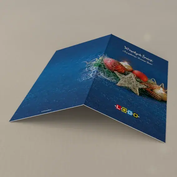 Kartka świąteczna z logo BN3-161 Stroik z płomykami na granacie, tył
