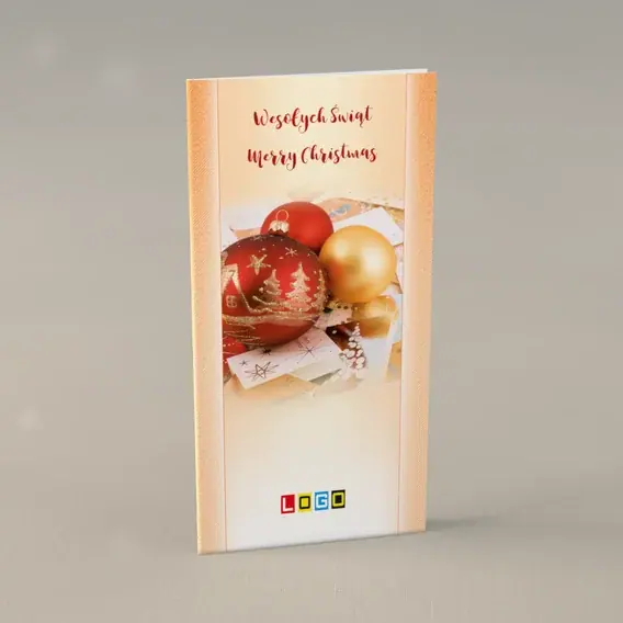 Kartka świąteczna z logo BN3-167 Kremowe pasy z rubinową kulą, przód