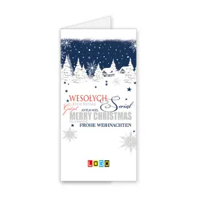 Kartka świąteczna z logo BN3-169 Wielojęzyczne życzenia nad osadą, okładka