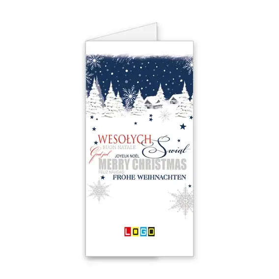 Kartka świąteczna z logo BN3-169 Wielojęzyczne życzenia nad osadą, okładka