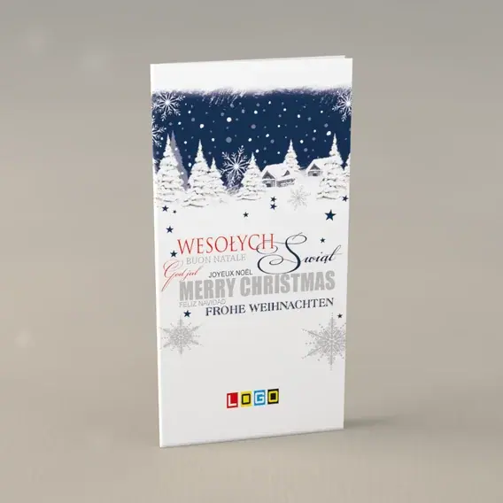 Kartka świąteczna z logo BN3-169 Wielojęzyczne życzenia nad osadą, przód