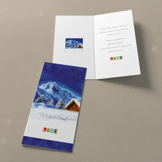 Kartka świąteczna z logo BN3-184 Chata w śnieżnym amfiteatrze, widok ogólny