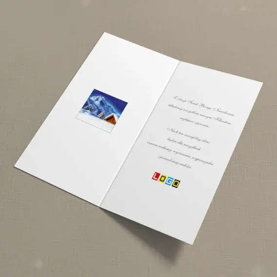 Kartka świąteczna z logo BN3-184 Chata w śnieżnym amfiteatrze, wnętrze