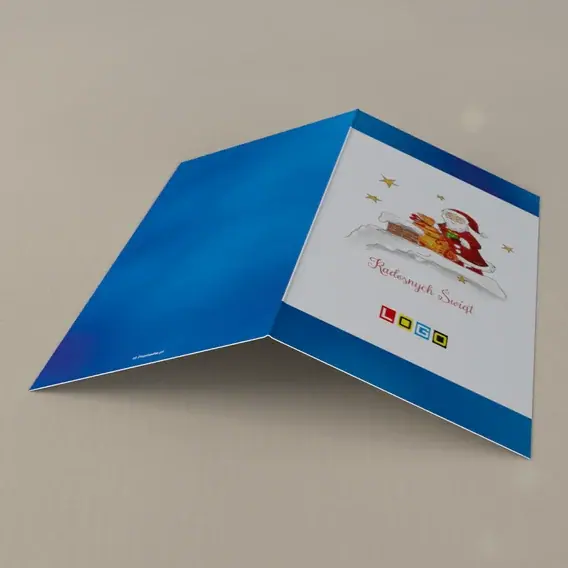 Kartka świąteczna z logo BN3-186 Futrzany gość z prezentami, tył