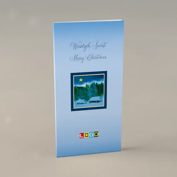 Kartka świąteczna z logo BN3-213 Chatki i lasek w ramce, przód