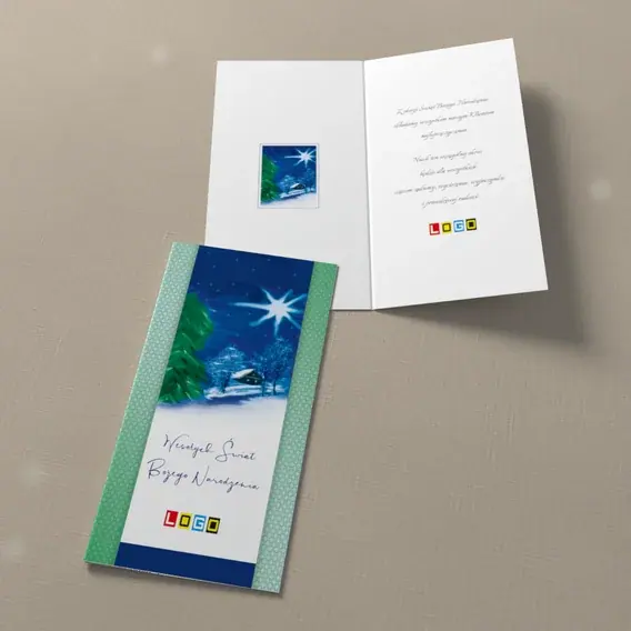 Kartka świąteczna z logo BN3-220 Turkusowe pasy i nocna chata, widok ogólny