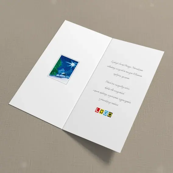 Kartka świąteczna z logo BN3-220 Turkusowe pasy i nocna chata, wnętrze