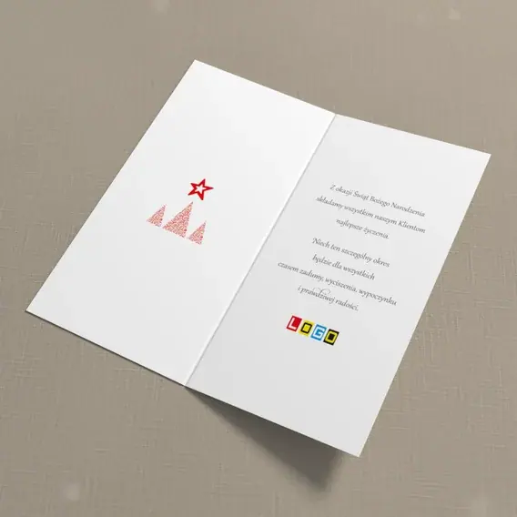 Kartka świąteczna z logo BN3-233 Czerwień i gwiazda nad trio, wnętrze