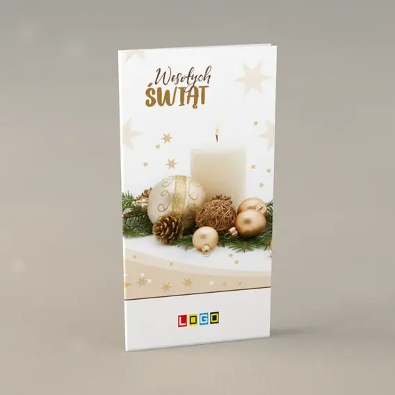 Kartka świąteczna z logo BN3-243 Płomyk i szyszki w złocie, przód