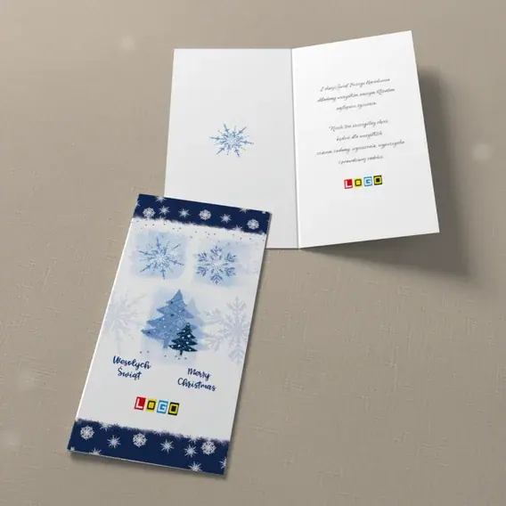 Kartka świąteczna z logo BN3-249 Para drzewek w granatowych ramach, widok ogólny
