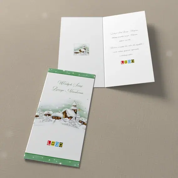 Kartka świąteczna z logo BN3-251 Chaty i dzwonnica pod śniegiem, widok ogólny