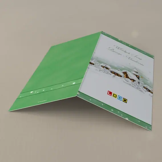 Kartka świąteczna z logo BN3-251 Chaty i dzwonnica pod śniegiem, tył