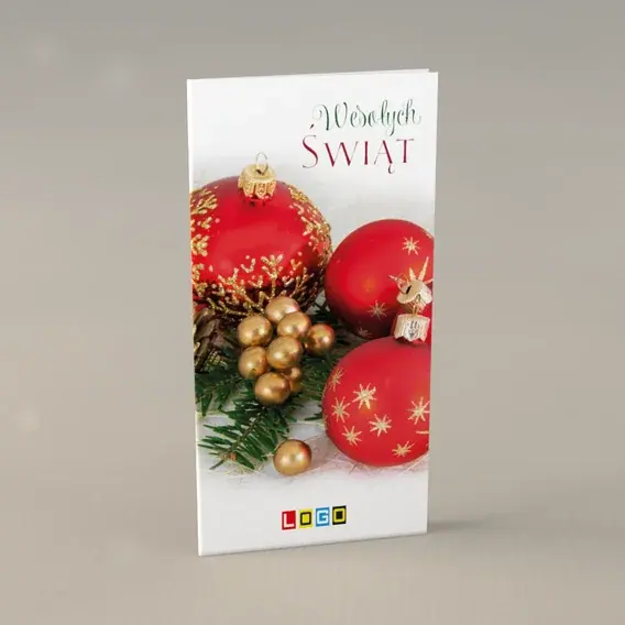 Kartka świąteczna z logo BN3-254 Aniołek przy purpurowej kuli, przód