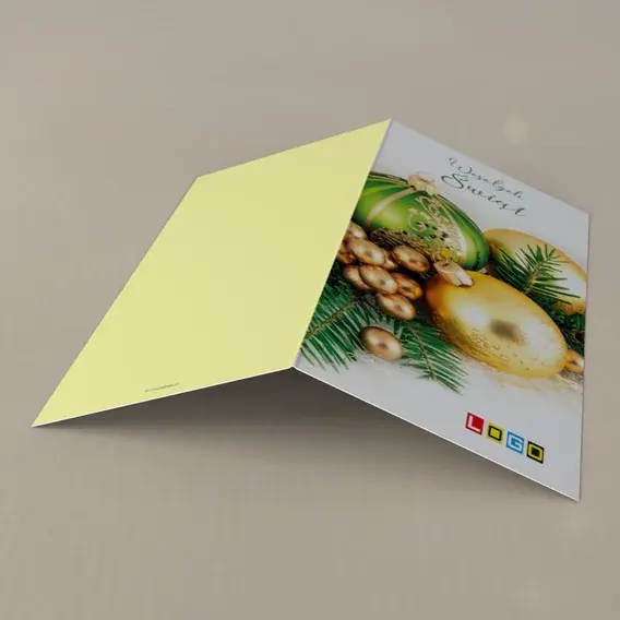 Kartka świąteczna z logo BN3-263 Szmaragdowa kula i dwie złote, tył